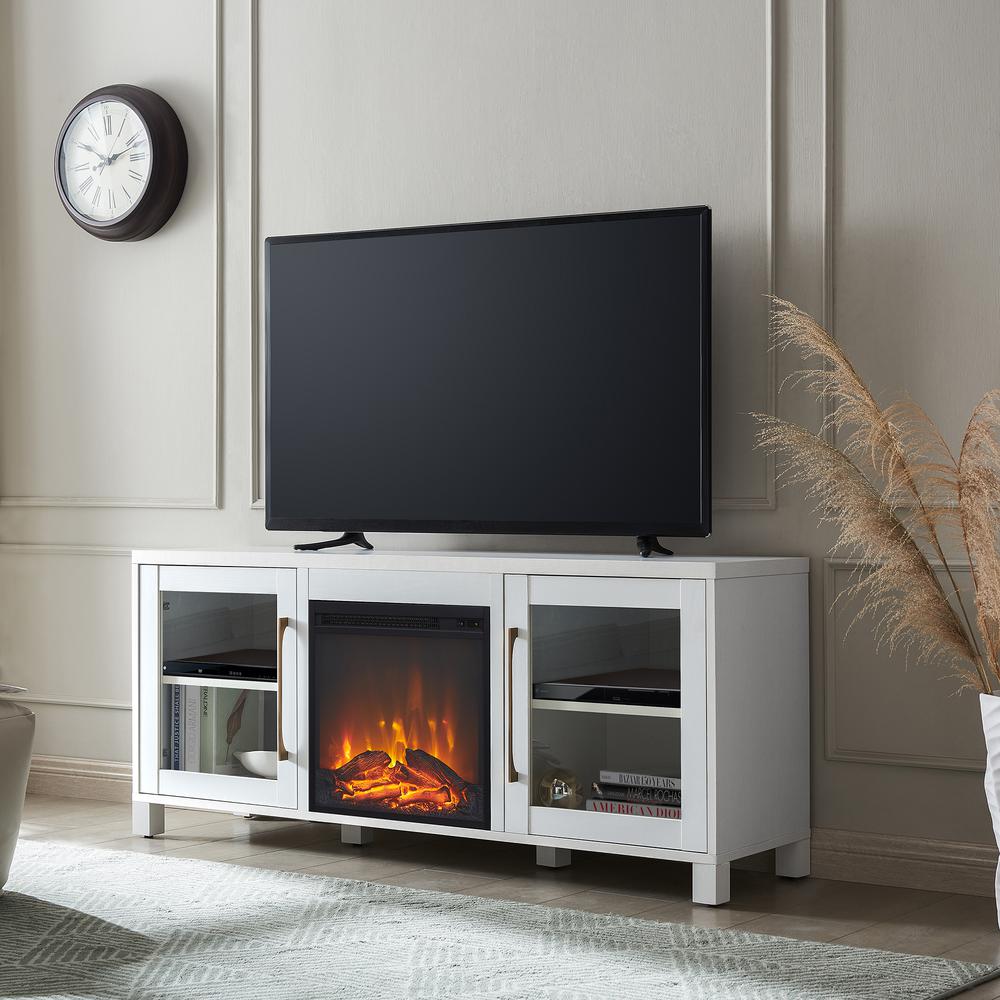 Quincy Rectangular TV Stand with Log Fireplace for TV's up to 65" in White. Picture 2