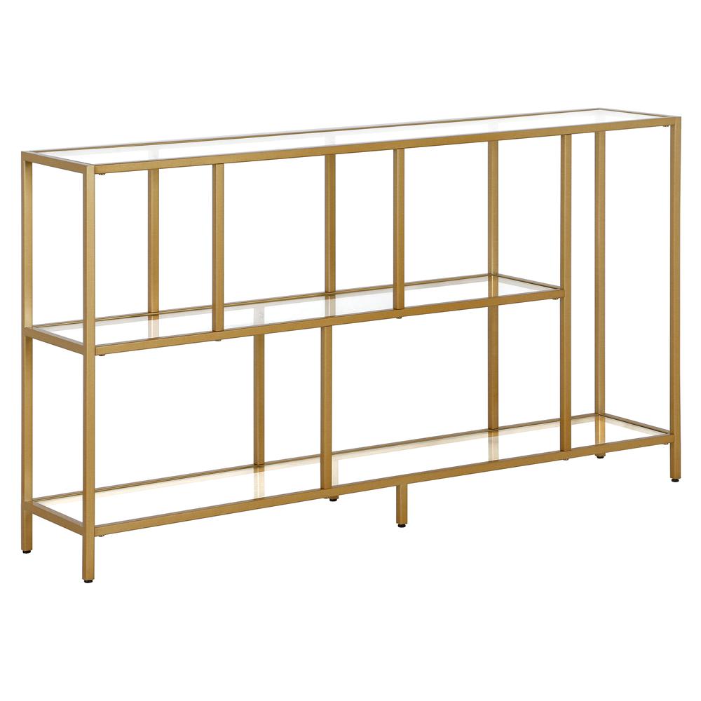 Winthrop 52" Wide Rectangular Console Table with Glass Shelves in Brass. Picture 1