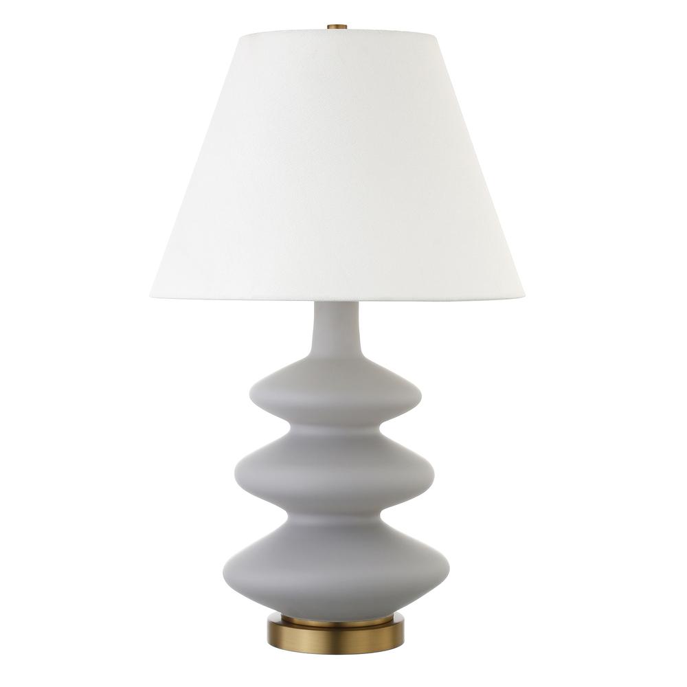 Carleta 26.5" Tall Triple Gourd Table Lamp with Fabric Shade in Cool Gray/White. Picture 1