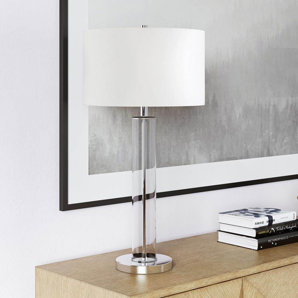 Harlow 29" Tall Table Lamp with Fabric Shade in Clear Glass/Polished Nickel/White. Picture 2