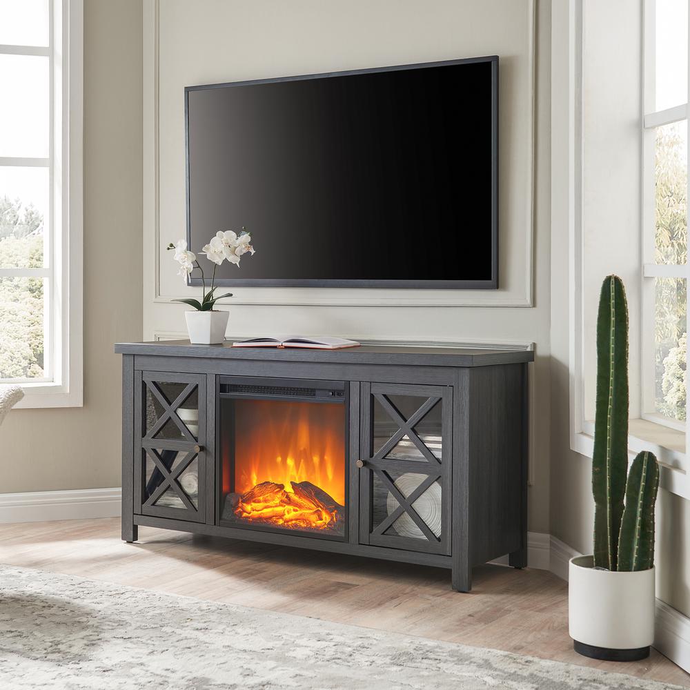 Colton Rectangular TV Stand with Log Fireplace for TV's up to 55" in Charcoal Gray. Picture 2