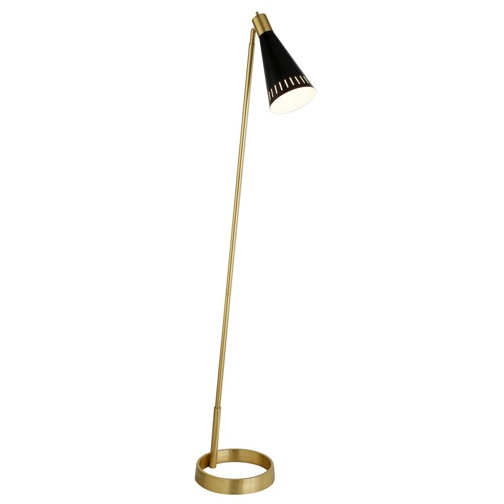 Kintam 62.25" Tall Floor Lamp with Metal Shade in Brushed Brass/Matte Black. Picture 3