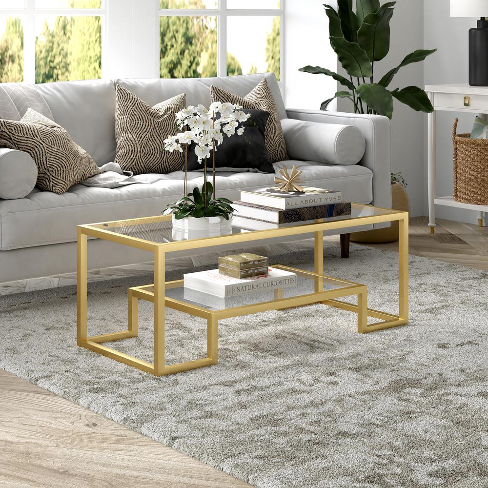 Athena 45'' Wide Rectangular Coffee Table in Brass. Picture 2