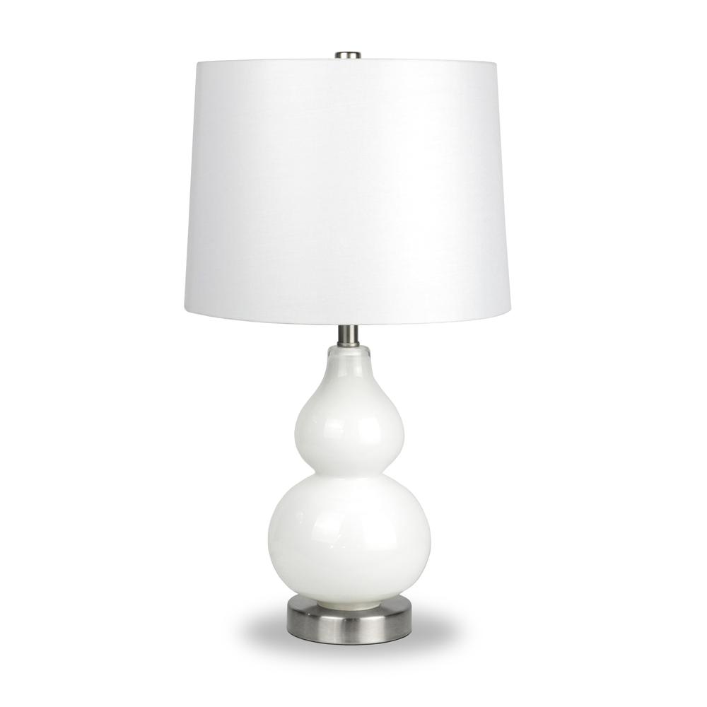 Katrina 21.25" Tall Petite Table Lamp with Fabric Shade in White Glass/Satin Nickel/White. Picture 1