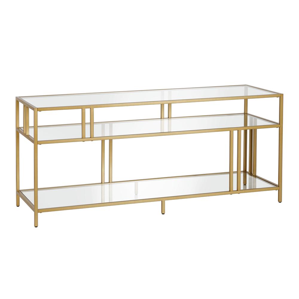 Cortland Rectangular TV Stand with Glass Shelves for TV's up to 60" in Brass. Picture 1