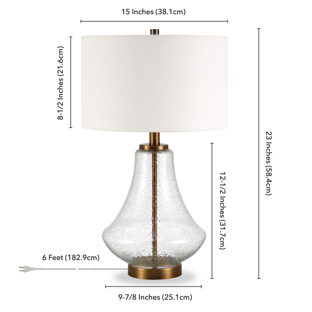 Lagos 23" Tall Table Lamp with Fabric Shade in Seeded Glass/Brushed Brass/White. Picture 4