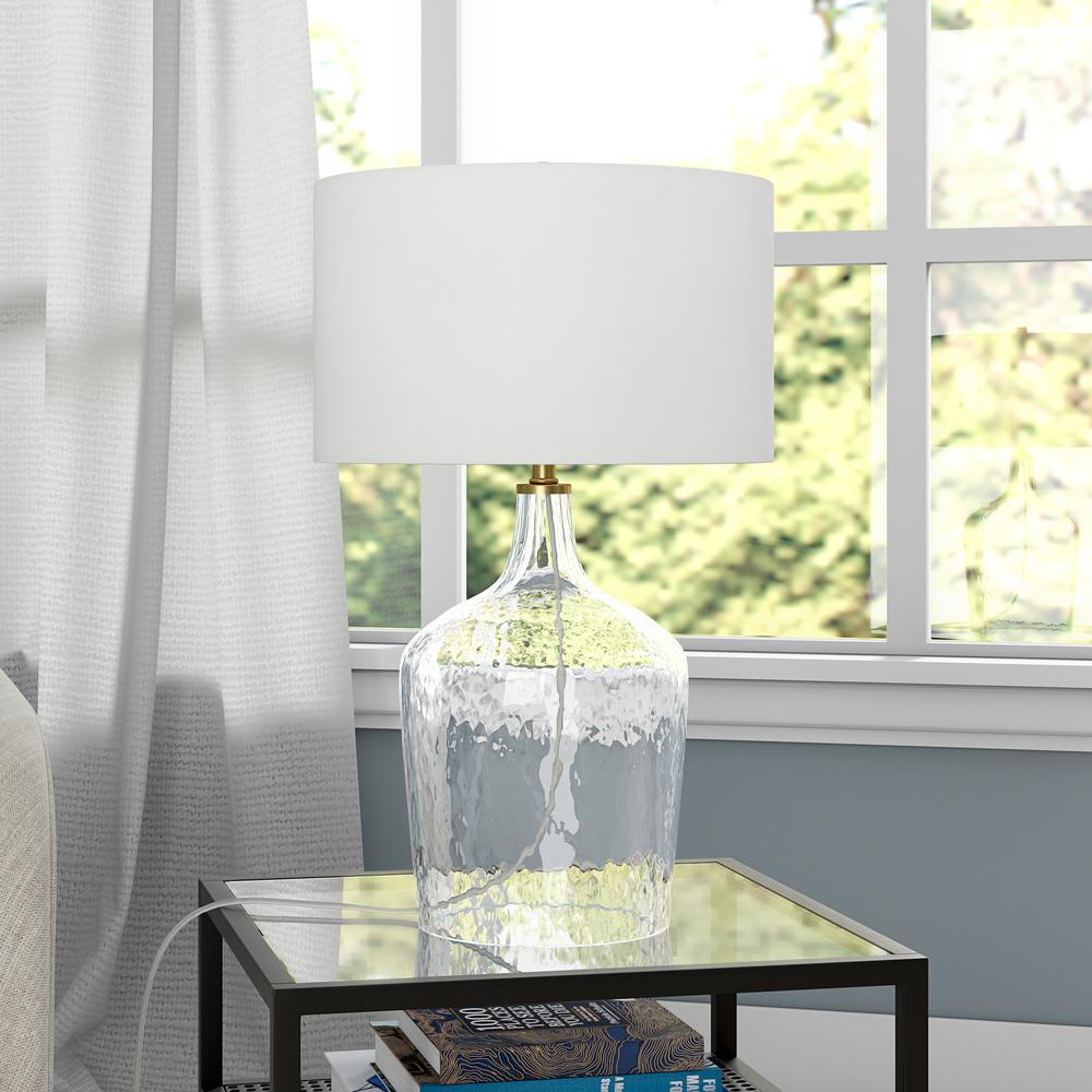 Casco 24" Tall Table Lamp with Fabric Shade in Textured Clear Glass/Brass/White. Picture 2