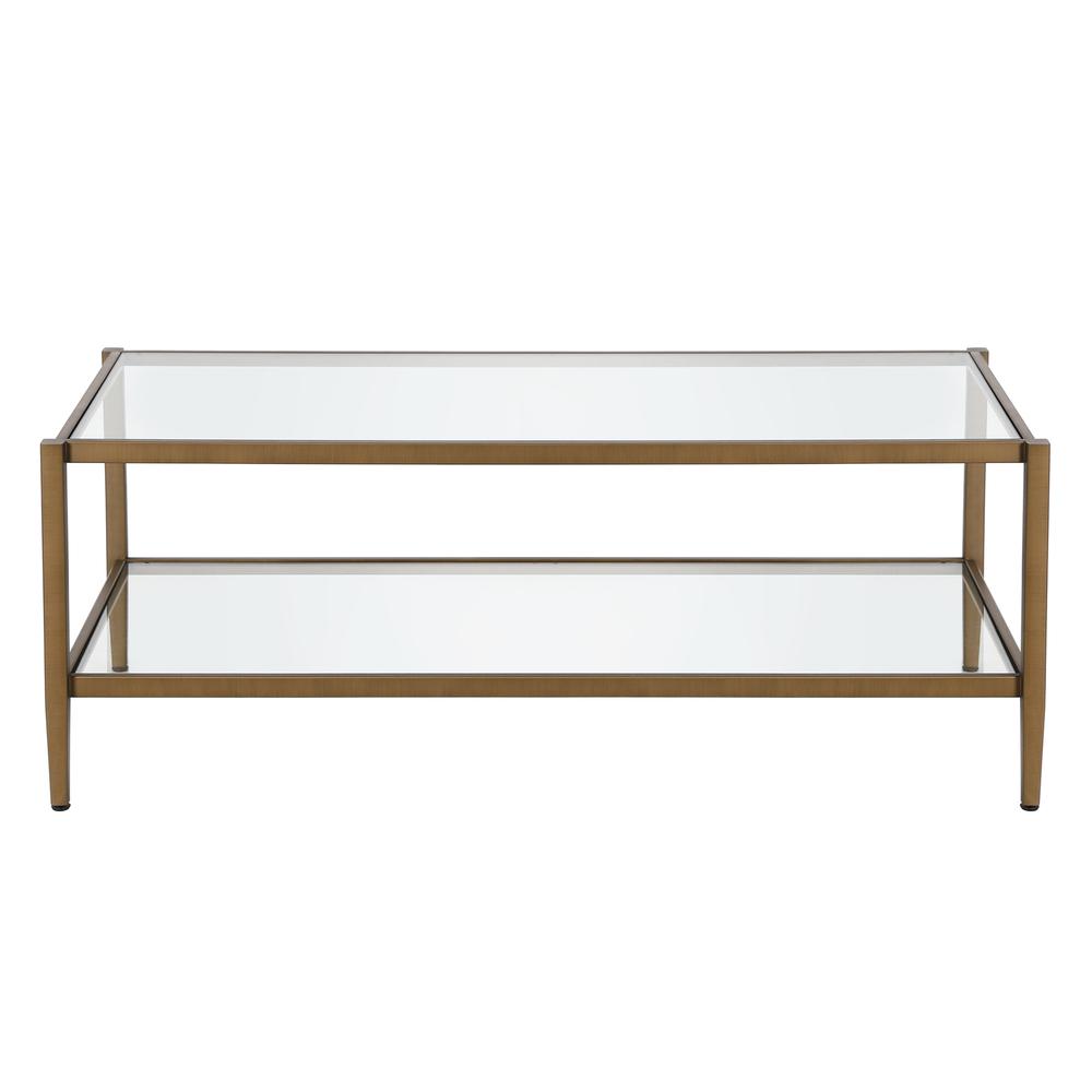 Hera 45'' Wide Rectangular Coffee Table with Glass Shelf in Antique Brass. Picture 3