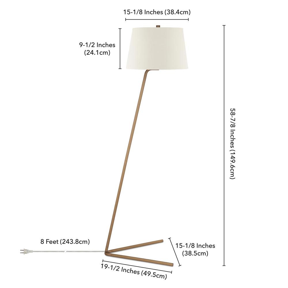 Markos Tilted Floor Lamp with Fabric Shade in Brass/White. Picture 4