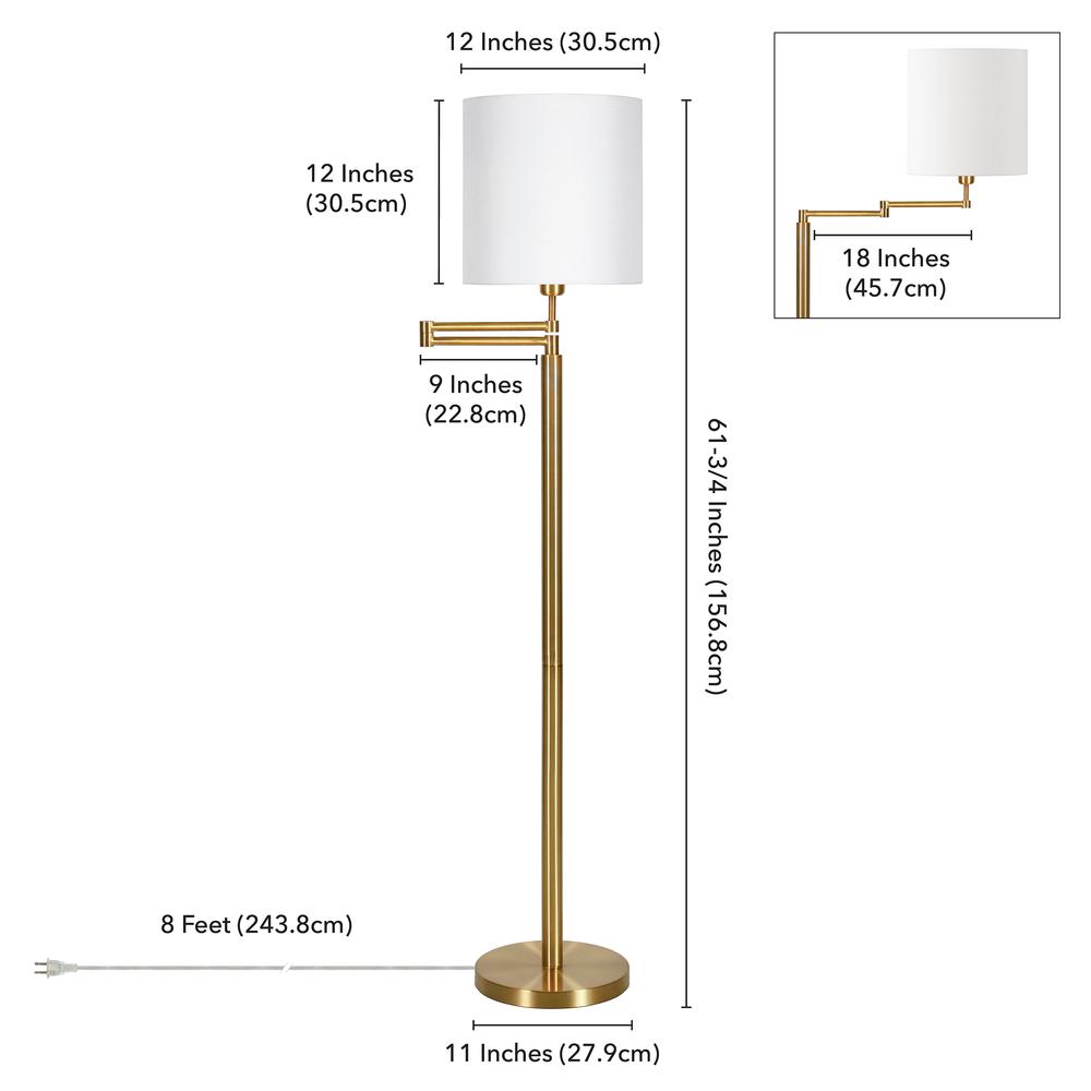Moby Swing Arm Floor Lamp with Fabric Drum Shade in Brass/White. Picture 5