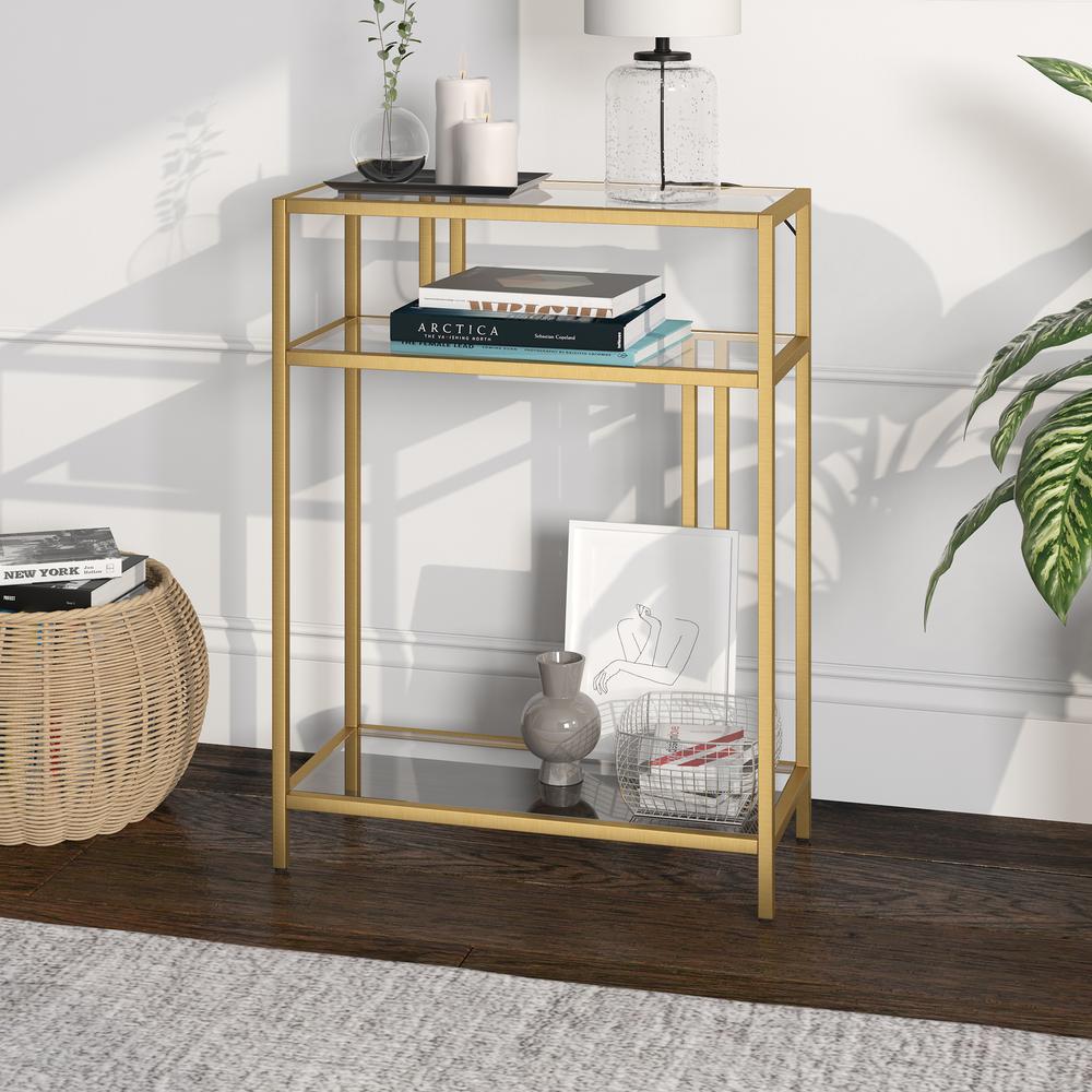Cortland 22'' Wide Rectangular Console Table with Glass Shelves in Brass. Picture 2