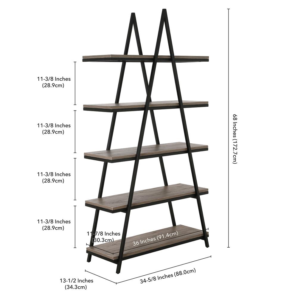Conry 68'' Tall A-Frame Bookcase in Blackened Bronze/Antiqued Gray Oak. Picture 5