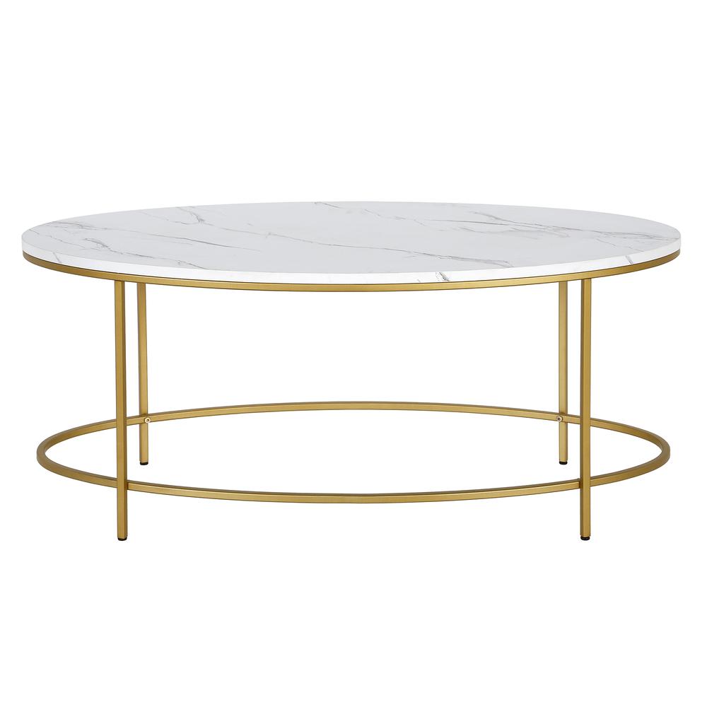 Francesca 42'' Wide Oval Coffee Table with Faux Marble Top in Brass/Faux Marble. Picture 3