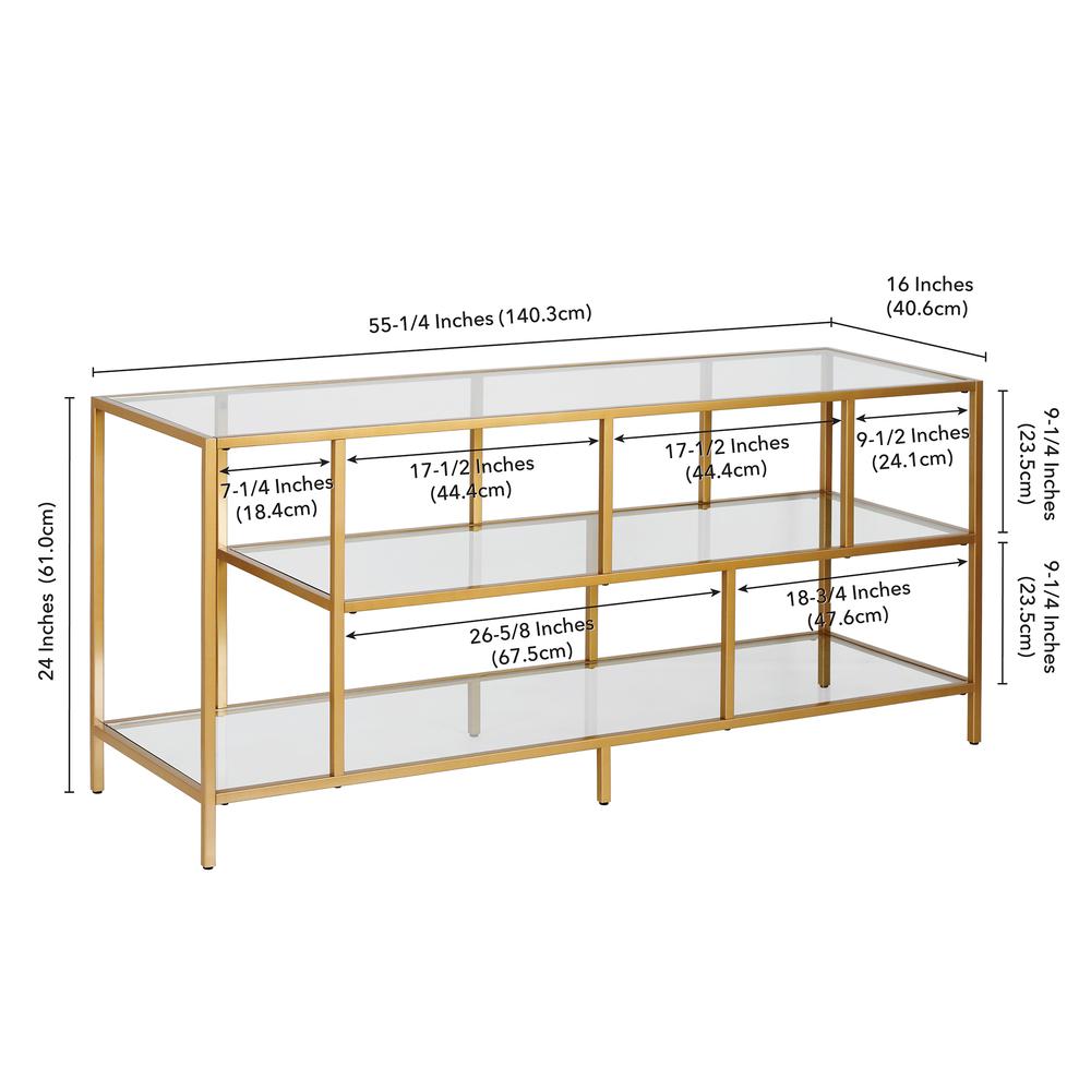 Winthrop Rectangular TV Stand with Glass Shelves for TV's up to 60" in Brass. Picture 5