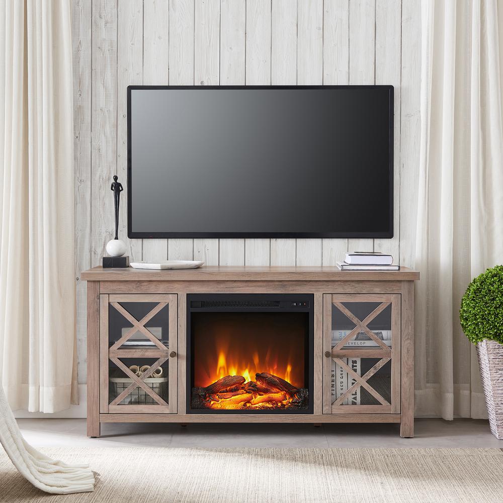 Colton Rectangular TV Stand with Log Fireplace for TV's up to 55" in Gray Oak. Picture 4