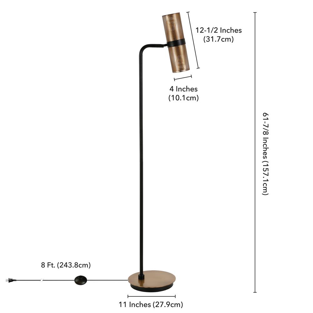 Zevon 62" Tall Floor Lamp with Metal Mesh Shade in Matte Black/Brass/Brass. Picture 4