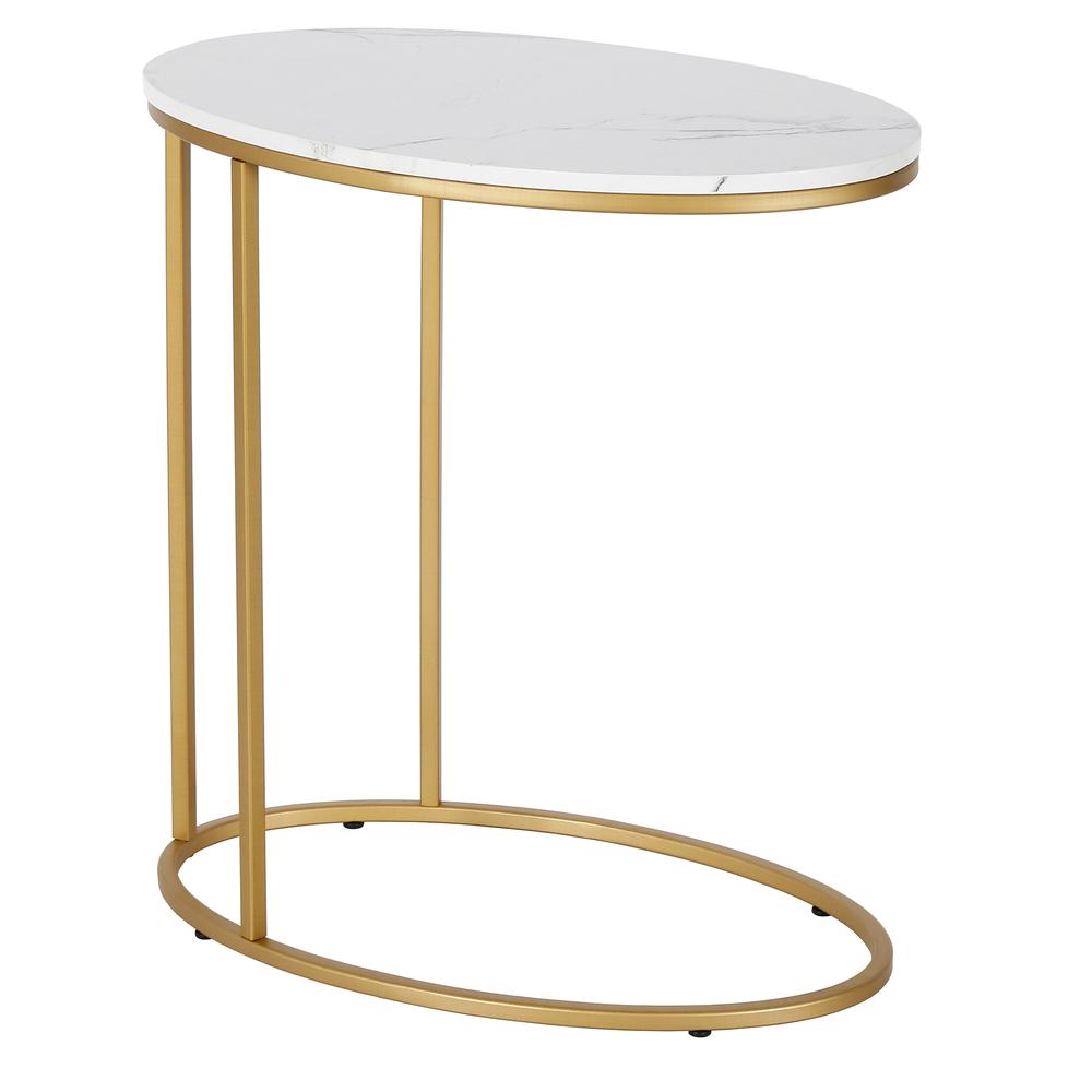 Enzo 20'' Wide Oval Side Table with Faux Marble Top in Brass. Picture 1