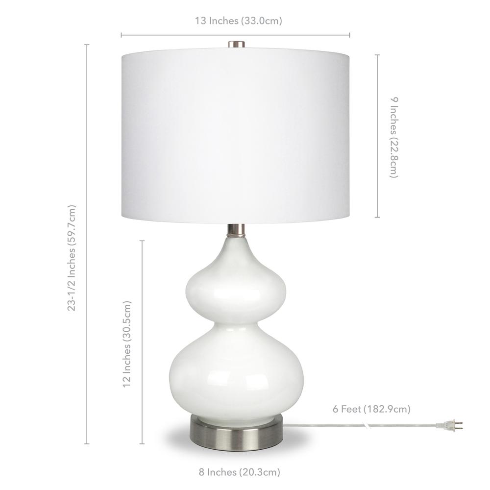 Katrin 23.5" Tall Table Lamp with Fabric Shade in White Glass/Satin Nickel/White. Picture 4
