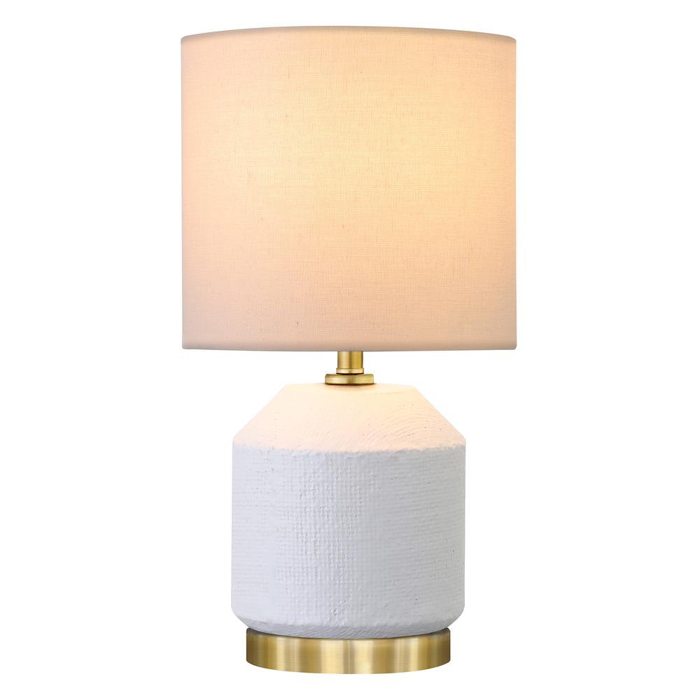 15" Tall Textured Ceramic Mini Lamp with Fabric Shade, Matte White/Antique Brass. Picture 3