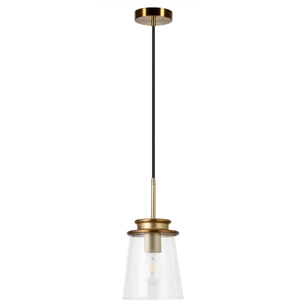 Elwood 7.12" Wide Pendant with Glass Shade in Brass/Clear. Picture 1