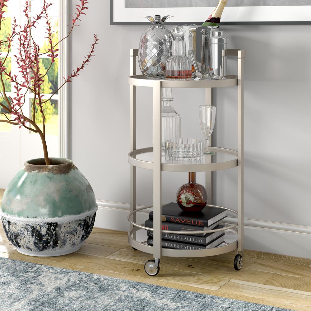 Hause 21'' Wide Round Bar Cart in Satin Nickel. Picture 2