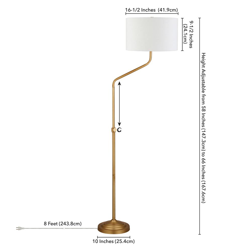 Callum Height-Adjustable Floor Lamp with Fabric Shade in Brushed Brass/White. Picture 5