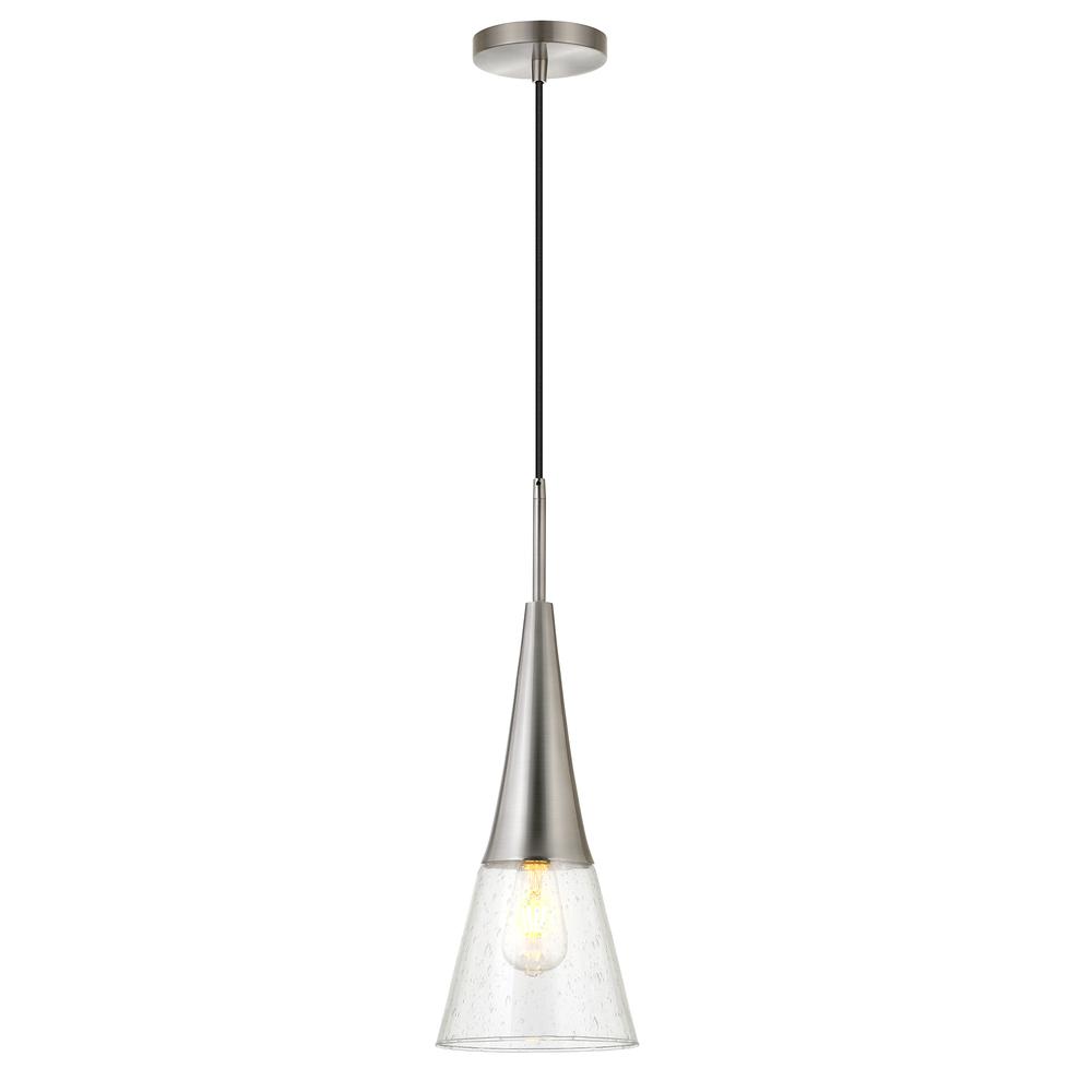 Myra 7.5" Wide Pendant with Glass Shade in Brushed Nickel/Seeded. Picture 3