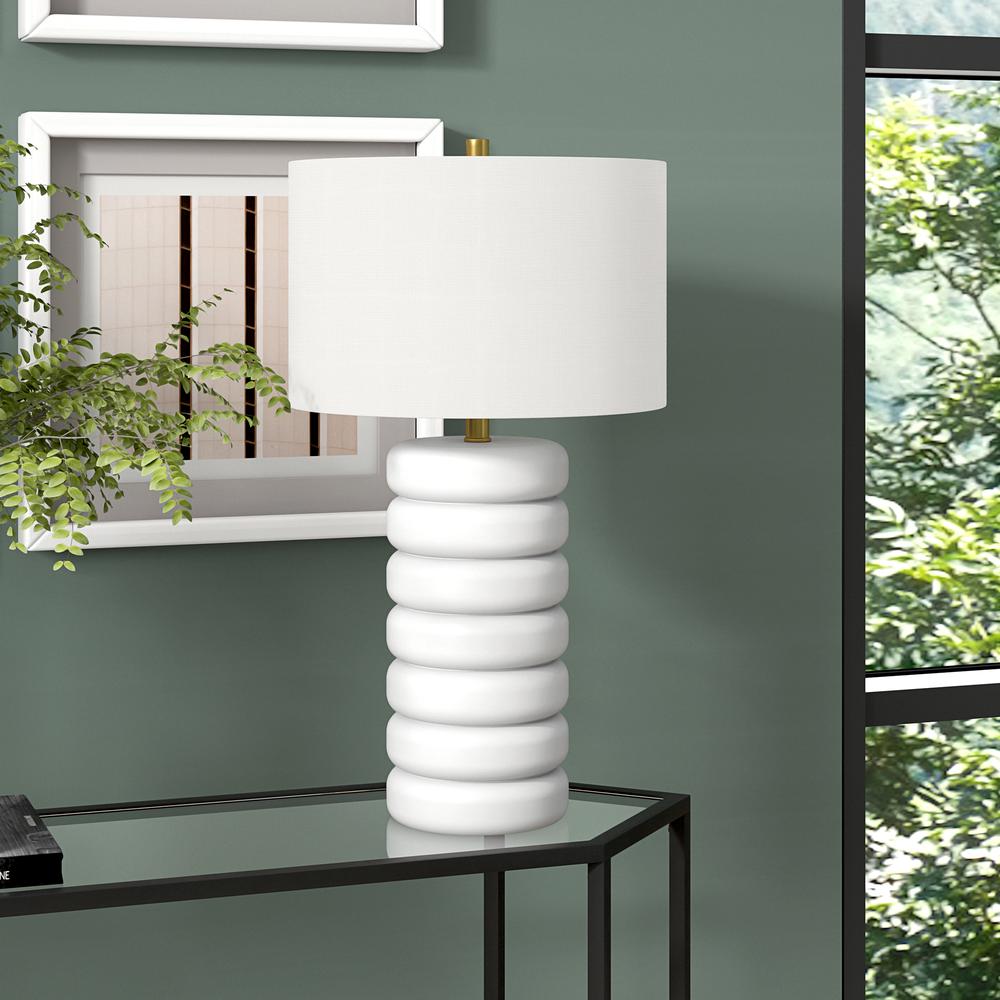 Zelda 25" Tall Ceramic Bubble Body Table Lamp with Fabric Shade in Matte White/Brass/White. Picture 2
