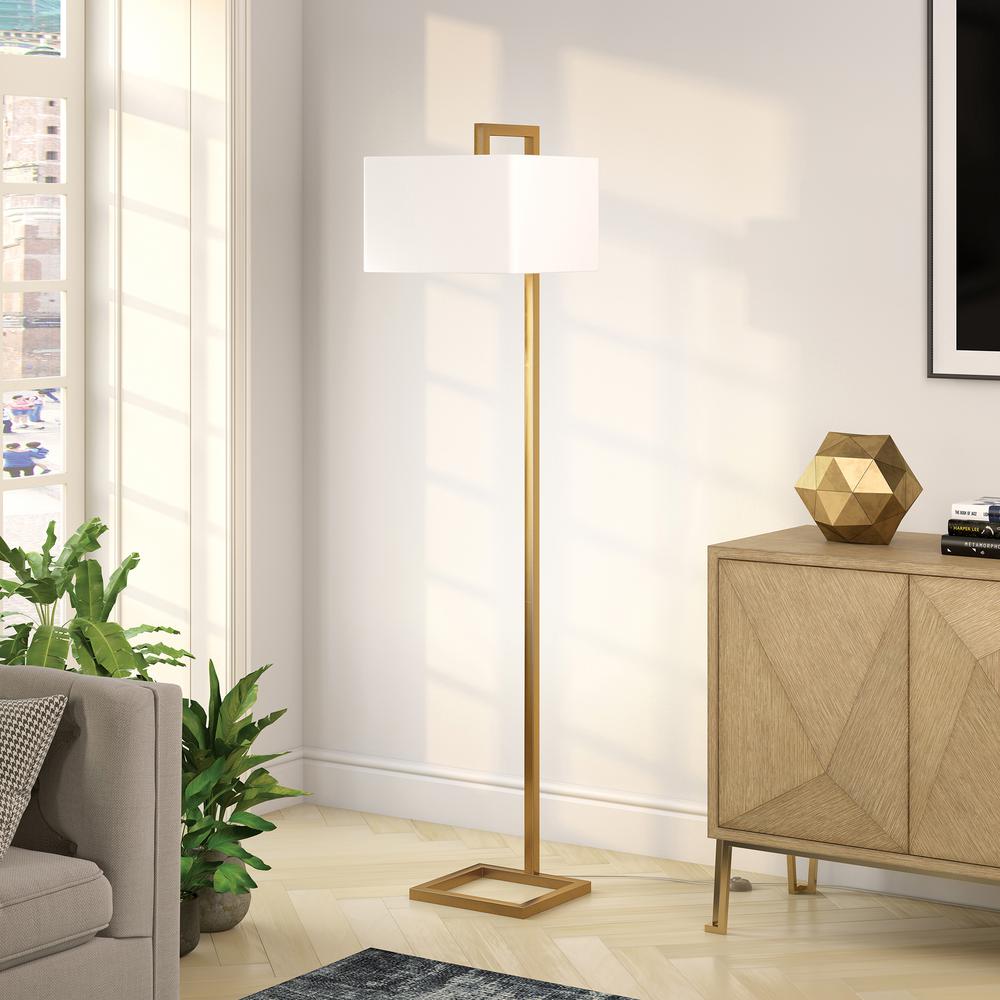 Grayson 68" Tall Floor Lamp with Fabric Shade in Brass/White. Picture 2
