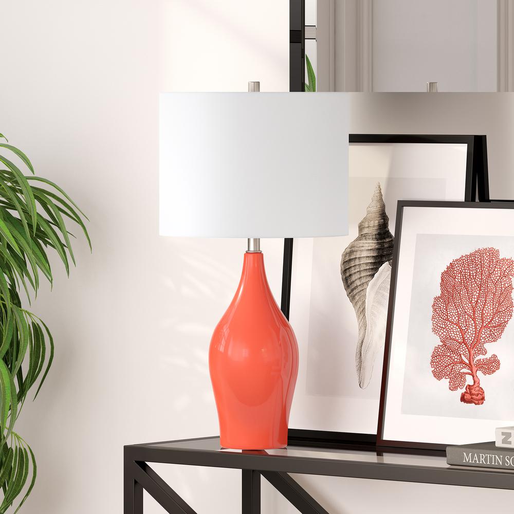 Bella 28.25" Tall Porcelain Table Lamp with Fabric Shade in Coral/White. Picture 2