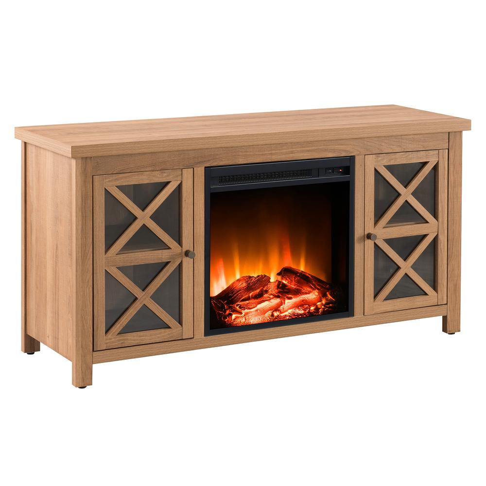 Colton Rectangular TV Stand with Log Fireplace for TV's up to 55" in Golden Oak. Picture 1