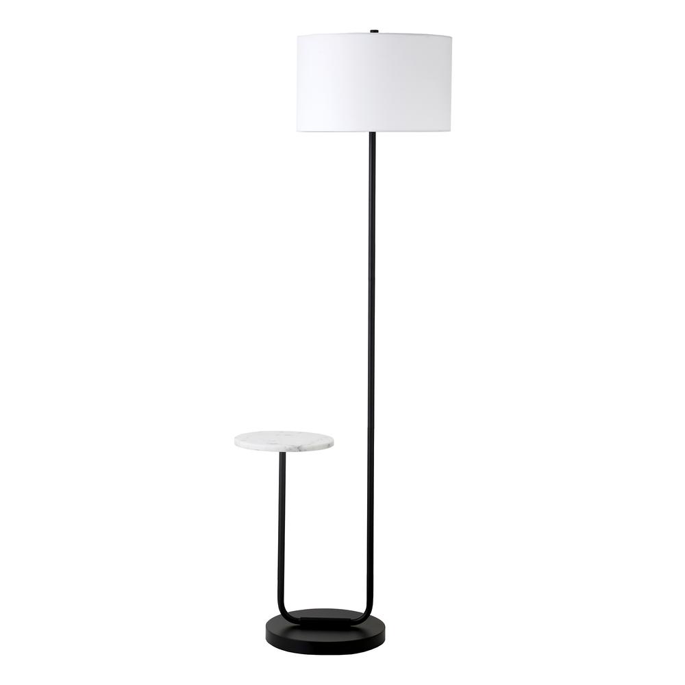 Floor Lamp with Marble Tray Table and Fabric Shade in Blackened Bronze/White. Picture 1