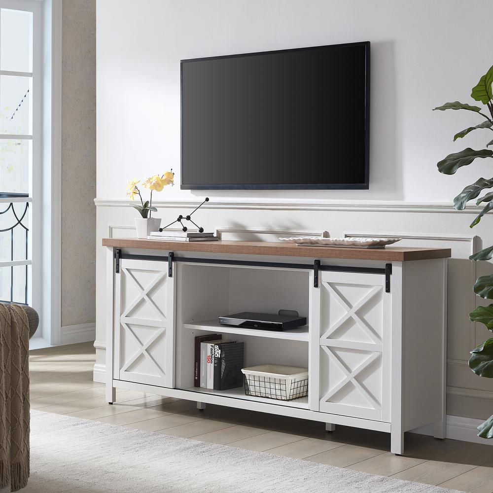 Elmwood Rectangular TV Stand for TV's up to 80" in White/Golden Oak. Picture 2