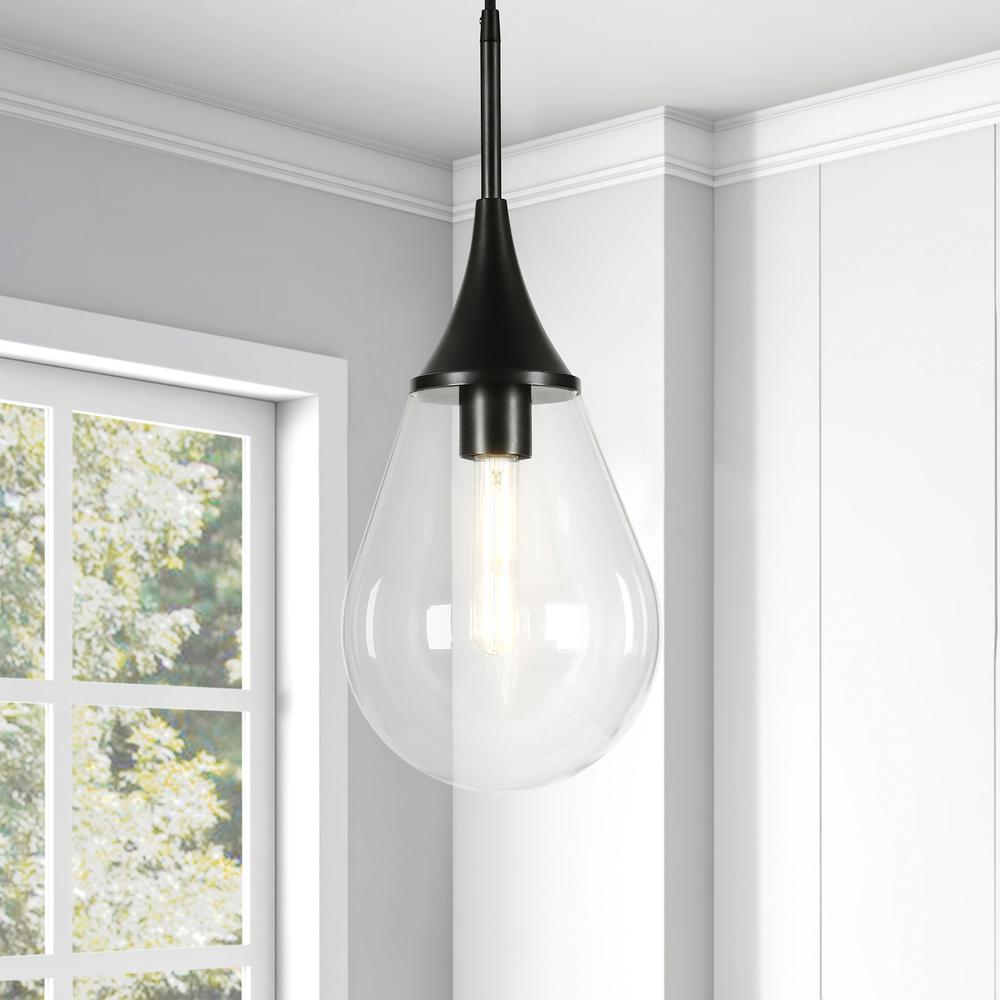 Ambrose 7.63" Wide Pendant with Glass Shade in Blackened Steel/Clear. Picture 4