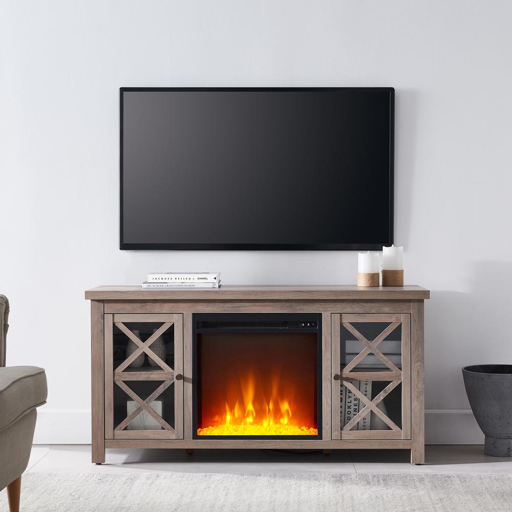 Colton Rectangular TV Stand with Crystal Fireplace for TV's up to 55" in Gray Oak. Picture 4