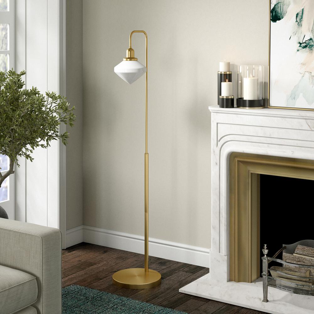 Zariza Arc Floor Lamp with Glass Shade in Brass/White Milk. Picture 2
