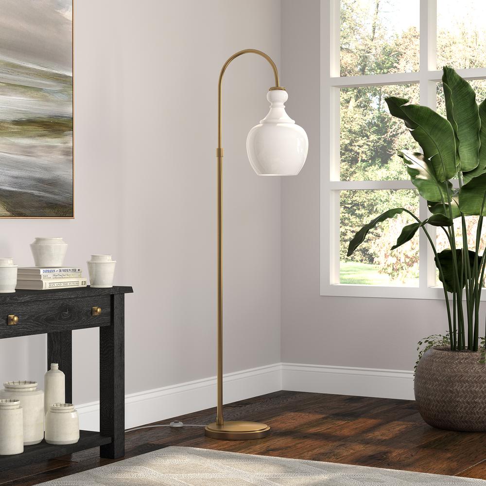 Verona Arc Floor Lamp with Glass Shade in Brushed Brass/White Milk. Picture 2