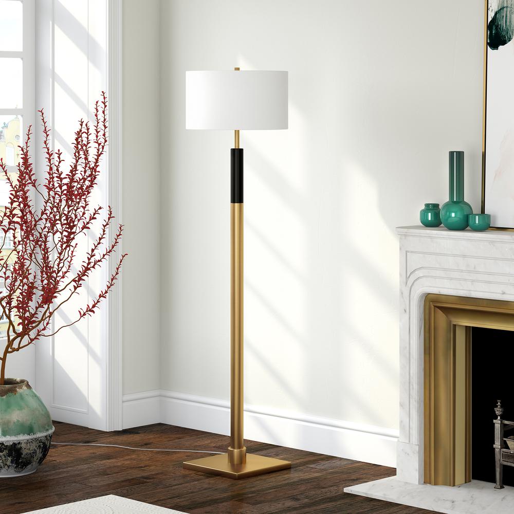 Teagan Two-Tone Floor Lamp with Fabric Shade in Brass/Black/White. Picture 2
