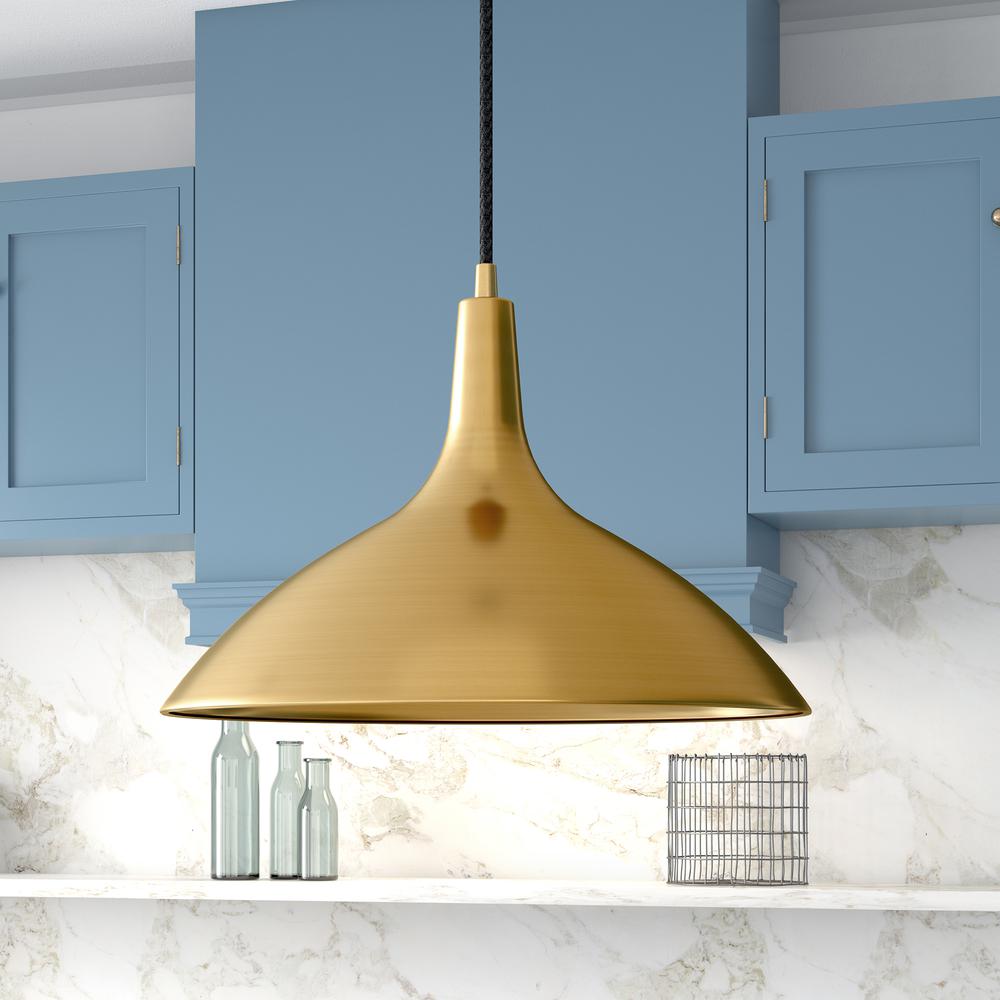 Barton 14" Wide Pendant with Metal Shade in Brass/Brass. Picture 2