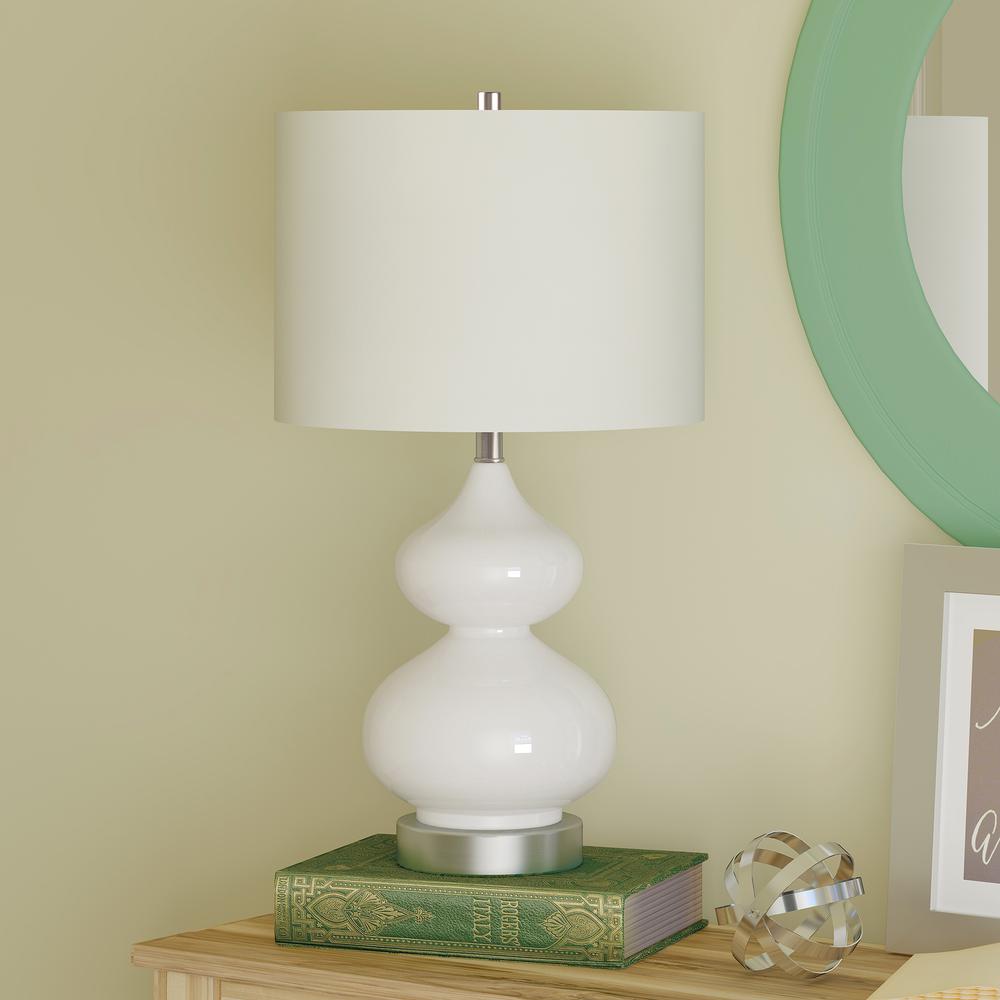 Katrin 23.5" Tall Table Lamp with Fabric Shade in White Glass/Satin Nickel/White. Picture 2