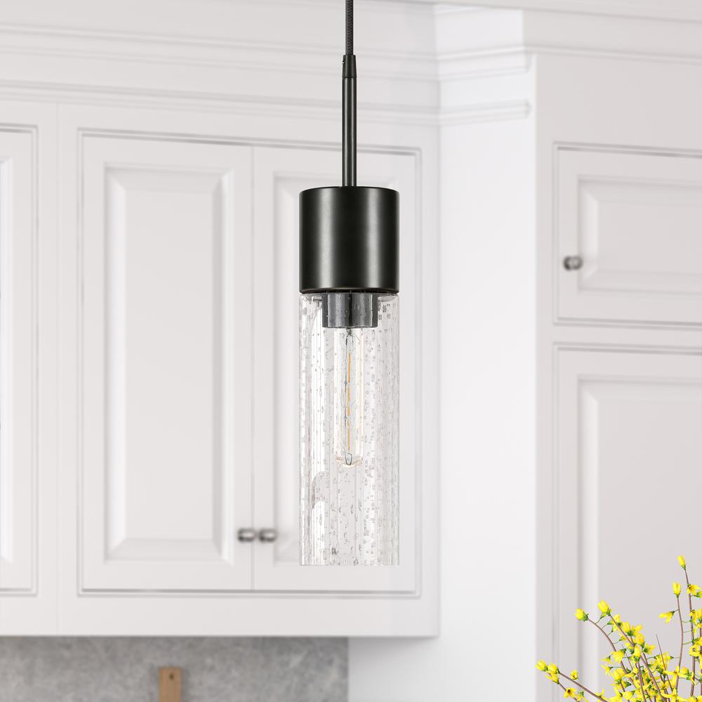 Lance  3.5" Wide Pendant with Glass Shade in Blackened Steel/Seeded. Picture 2