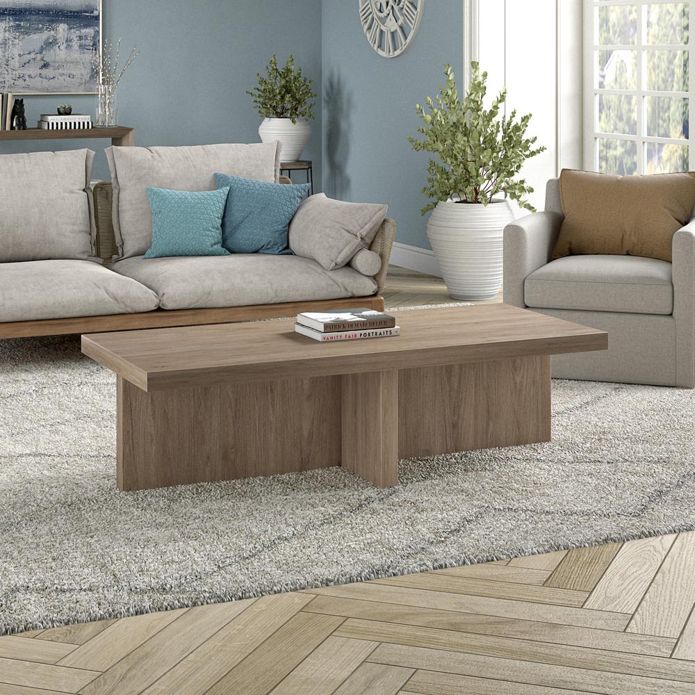 Elna 54" Wide Rectangular Coffee Table in Antiqued Gray Oak. Picture 2