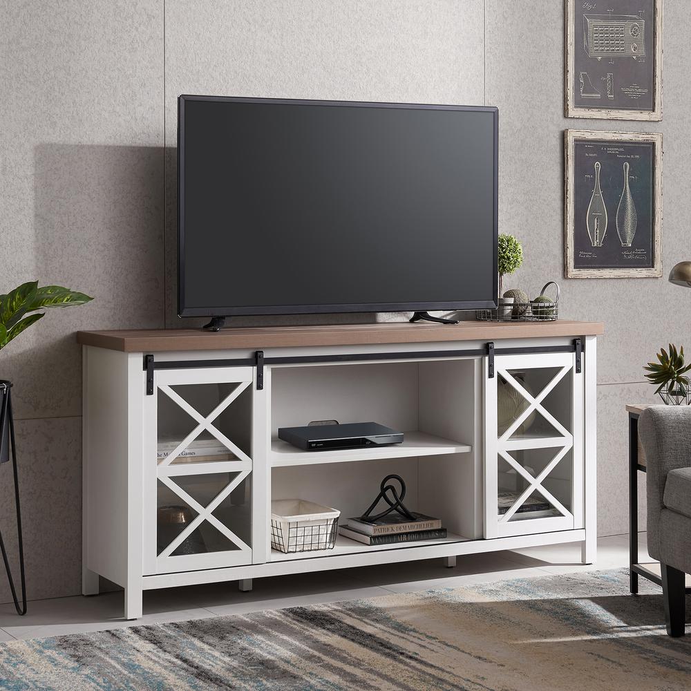 Clementine Rectangular TV Stand for TV's up to 80" in White/Golden Oak. Picture 2