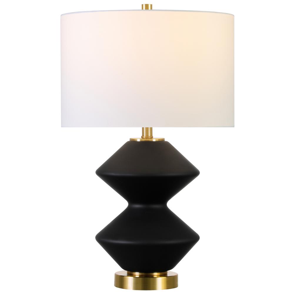 Caserta 22.75" Tall Double Gourd Lamp with Fabric Shade in Matte Black/Brass/White. Picture 3