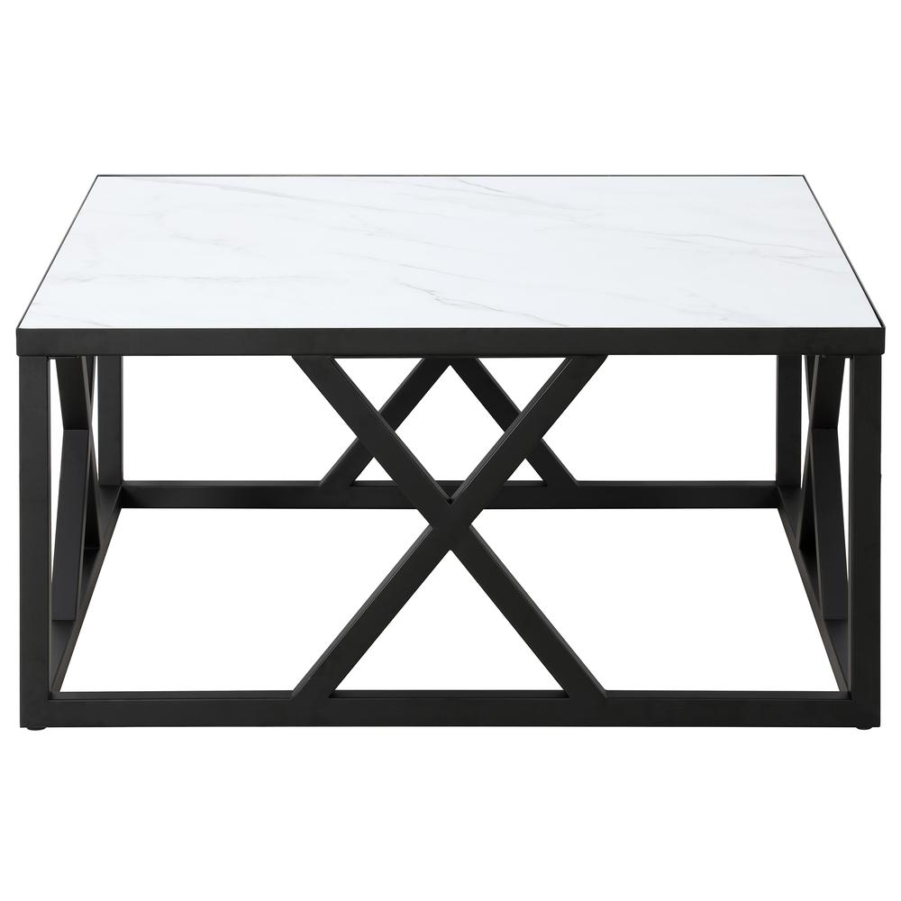 Jedrek 35'' Wide Square Coffee Table with Faux Marble Top in Blackened Bronze. Picture 3