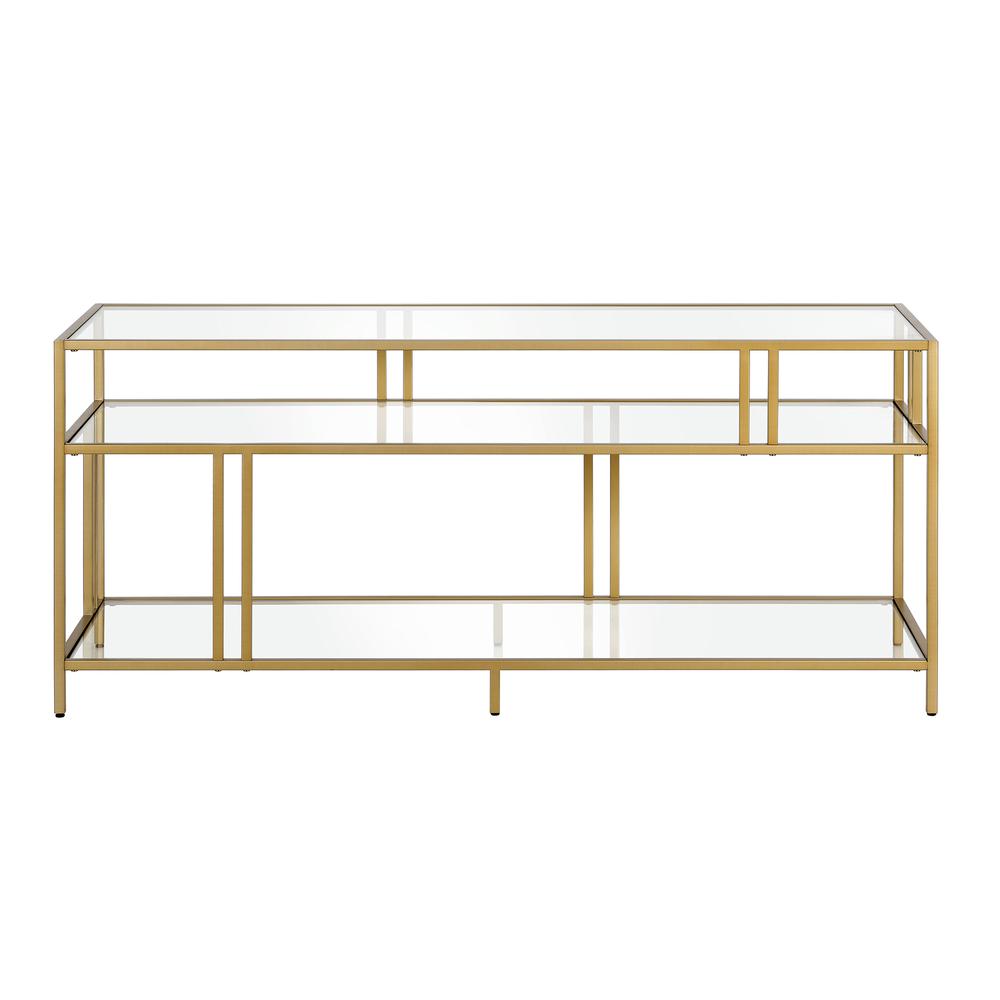 Cortland Rectangular TV Stand with Glass Shelves for TV's up to 60" in Brass. Picture 3