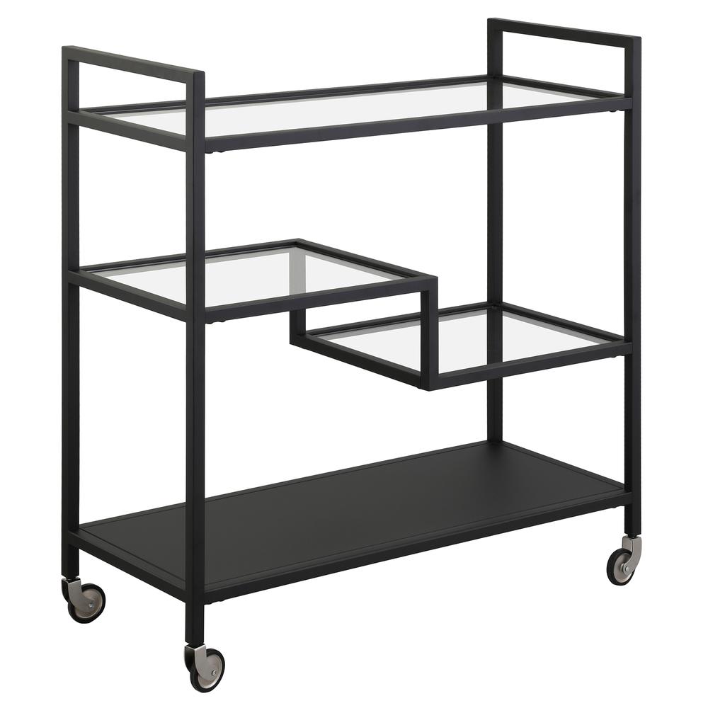 Lovett 33" Wide Rectangular Bar Cart with Glass and Metal Shelves in Blackened Bronze. Picture 1