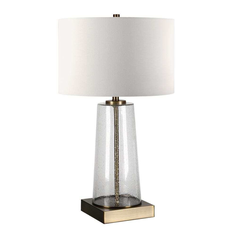 Dax 27.5" Tall Table Lamp with Fabric Shade in Seeded Glass/Brass/White. Picture 1