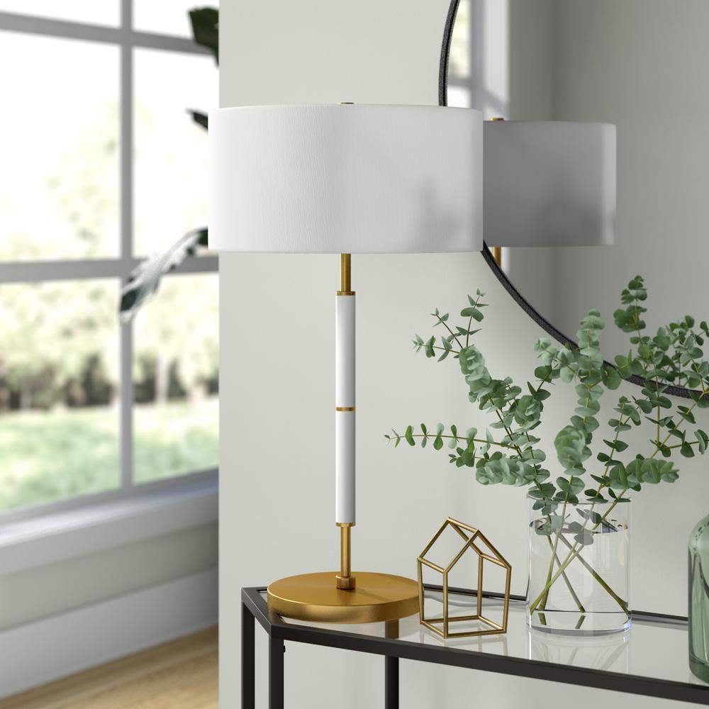 Simone 25" Tall 2-Light Table Lamp with Fabric Shade in Matte White/Brass /White. Picture 2