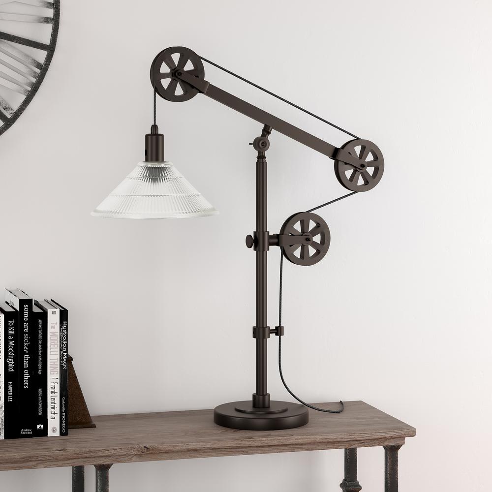 Descartes 29" Tall Pulley System Table Lamp with Ribbed Glass Shade in Blackened Bronze/Clear. Picture 2